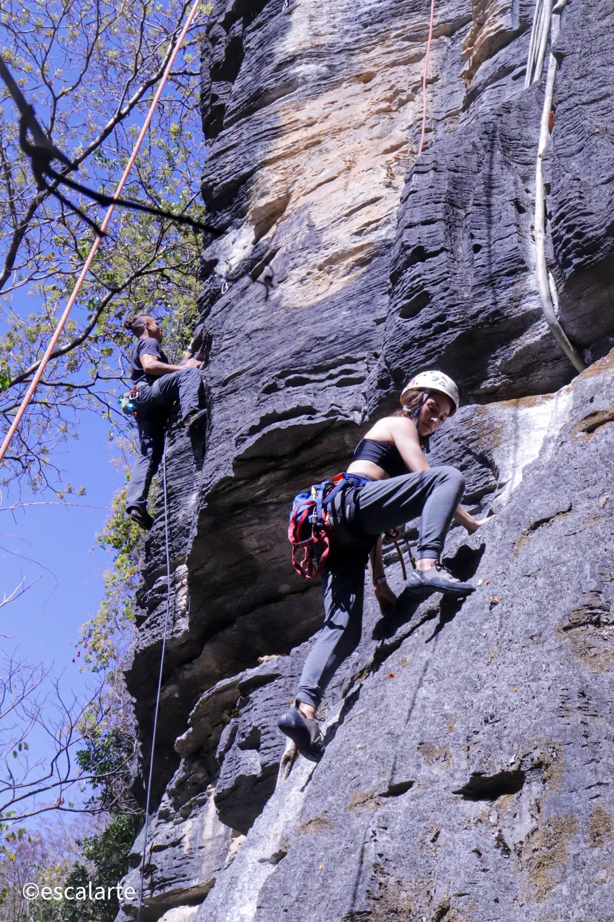 Escaladores em uma parede de rocha do Carste